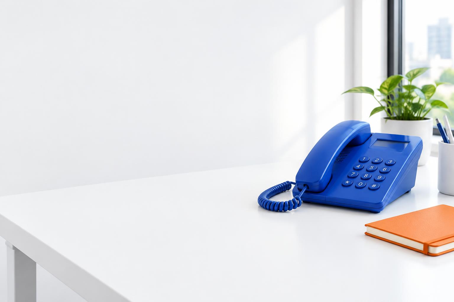A blue telephone on a bright business desk